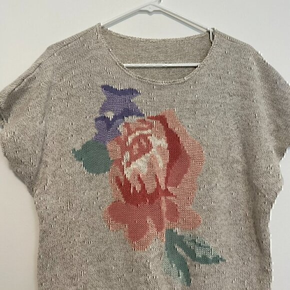 VINTAGE KORET Cream Beige Floral Short Dolman Sleeve Linen Cotton Sweater PETITE - Picture 2 of 11